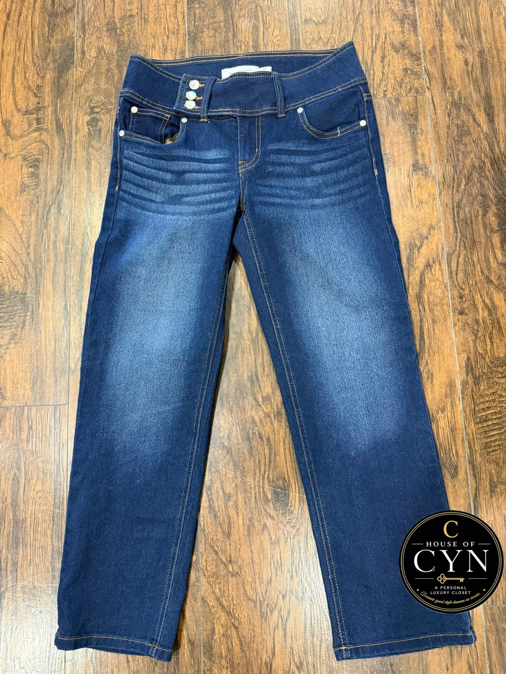 Tahari Premium Denim Jeans, 4P Petite, Triple Button, Straight Leg, Dark Wash
